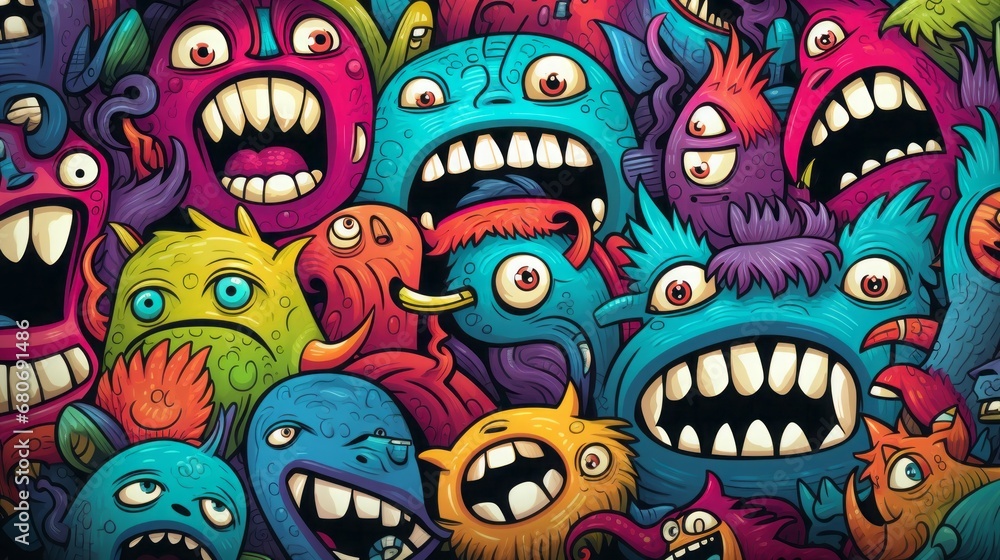 Fototapeta premium little monsters pattern, comic style, 16:9