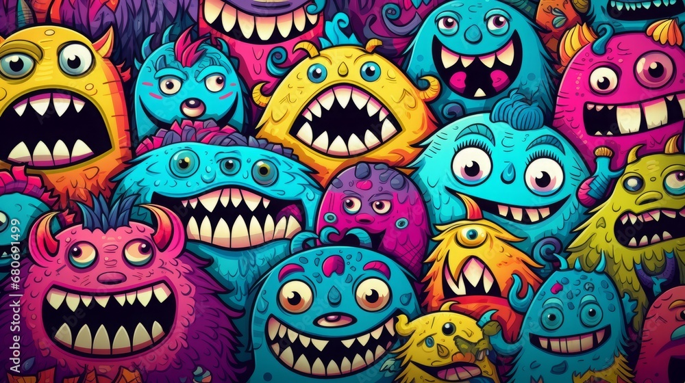 little monsters pattern, comic style, 16:9 - obrazy, fototapety, plakaty 