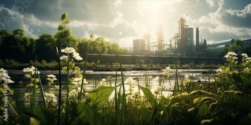 Harmony Unveiled: A Backdrop of Industrial Progress Melds Seamlessly with Nature's Verdant Canopy