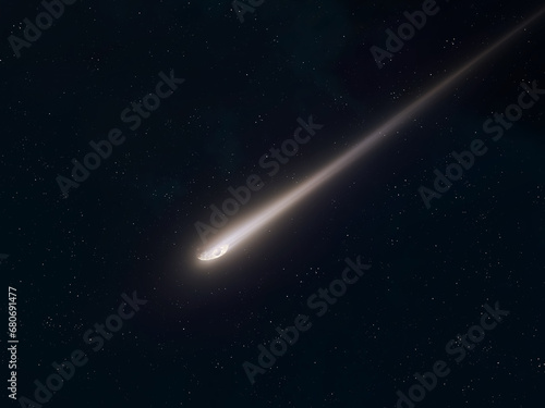 A bright flash of a falling meteor. Single shooting star. Trail from a burning meteorite.