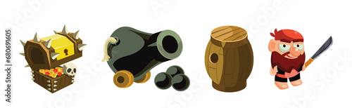 Pirate Object and Element with Treasure Chest, Man, Barrel and Cannon Vector Set