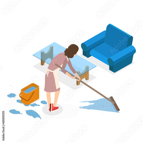 3D Isometric Flat Vector Set of Hotel Services, Room Cleaning and Food Service. Item 1