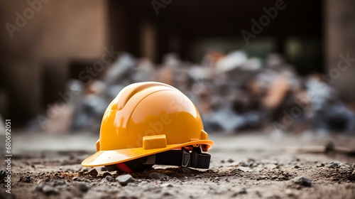 Close up of a light brown Working Helmet on Gravel. Blurred Construction Site Background