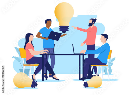 Idea workshop - Team of people in business meeting working on ideas and innovation together in office with computers and big light bulb. Flat design vector illustration with white background
