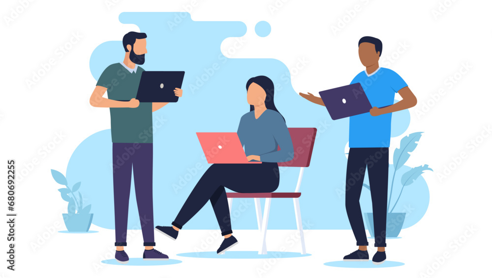 Fototapeta premium People with laptops working in office together, sitting and standing, having conversation about project and business. Flat design vector illustration graphic with white background