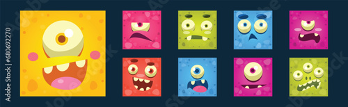 Colorful Square Funny Face of Monsters with Different Emotion Vector Set