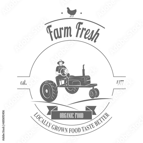 Farm Fresh Products Badge Set Vector Illustration. Contains Images of Barn  Farm Truck  Tractor  Cow  Chicken  Farmer  Eggs  Human Hands  Milk Can  Farm Constructions  Tomatoes.. Item 11