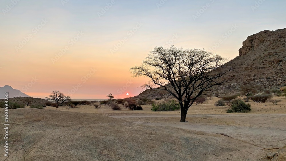 Sunset over Spitzkoppe desert landscape Namibia