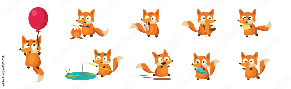 Cute Red Fox with Bushy Tail and Funny Snout Vector Set Cute Red Fox with Bushy Tail and Funny Snout Vector Set