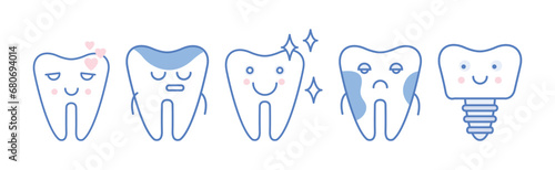 Cute Line Tooth Icon with Face and Smile Vector Set