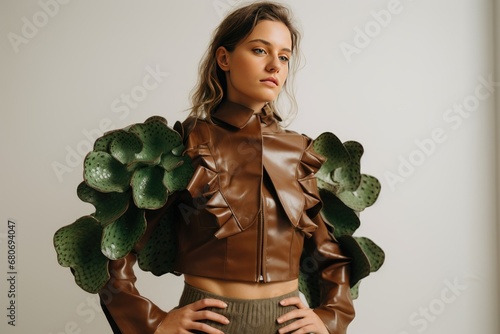Concept of cactus leather, sustainable vegan alternative to animal leather. Woman bomber jacket of eco cactus leather and opuntia cactus. Innovative vegan leather, cruelty-free fashion photo