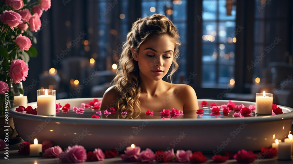 Beautiful young woman in bath with floating candles and roses. Beauty spa treatment - obrazy, fototapety, plakaty 