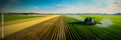 Harvesting machinery in action overhead view of a farm during the harvest season, showing combines, tractors and machinery at work, Generative Ai