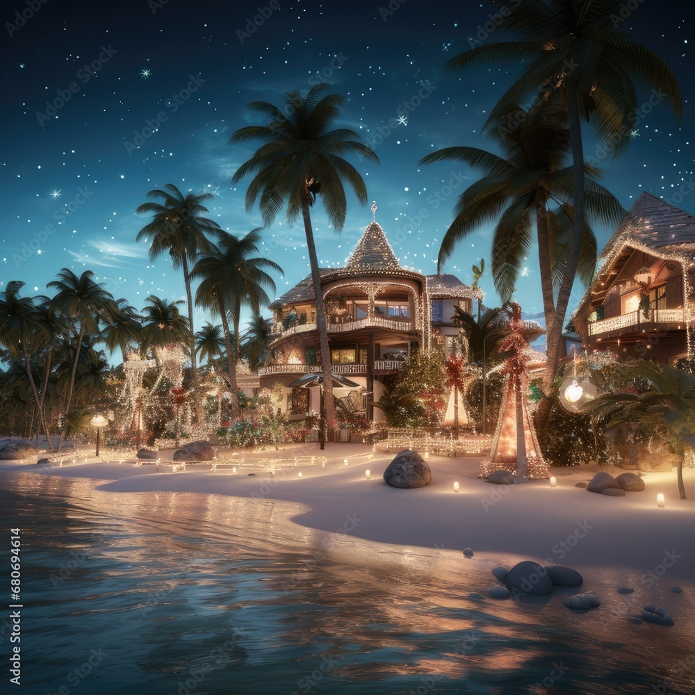 Fototapeta premium Caribbean Christmas Glow: Coastal Homes Aglow Under Night Skies, generative AI
