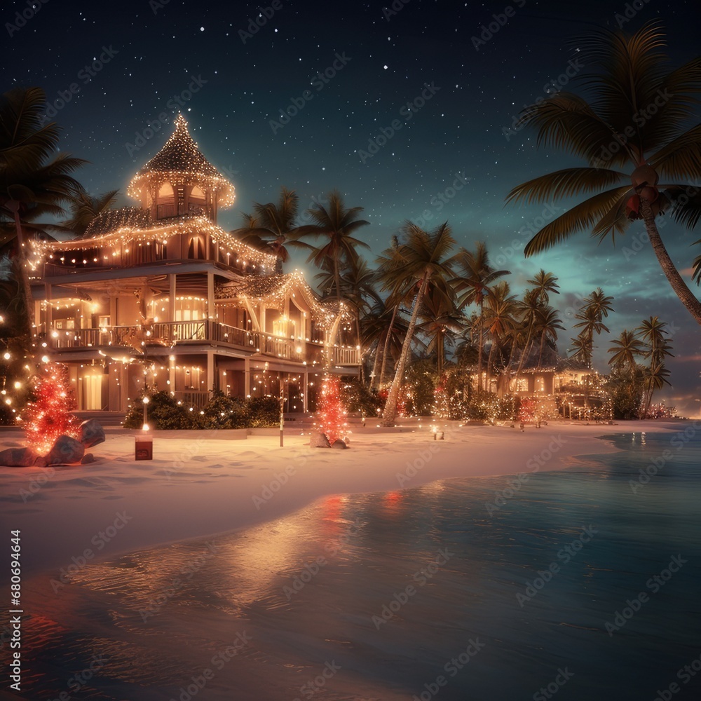 Caribbean Christmas Glow: Coastal Homes Aglow Under Night Skies, generative AI