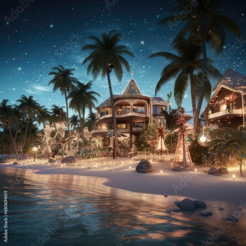 Caribbean Christmas Glow  Coastal Homes Aglow Under Night Skies  generative AI