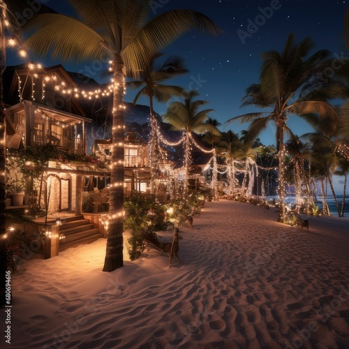 Caribbean Christmas Glow: Coastal Homes Aglow Under Night Skies, generative AI © Artificial Soul