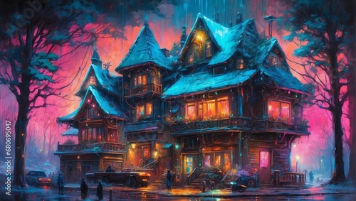A Cyberpunk Enchanted Winter Evening At A Festive House 59