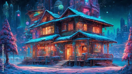 A Cyberpunk Enchanted Winter Evening At A Festive House 82