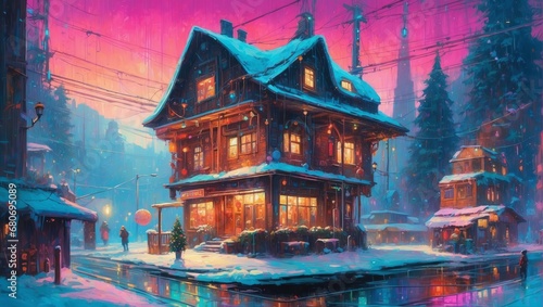 A Cyberpunk Enchanted Winter Evening At A Festive House 85