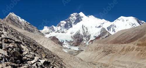 View of Everest Lhotse and Lhotse Shar from Barun valley photo