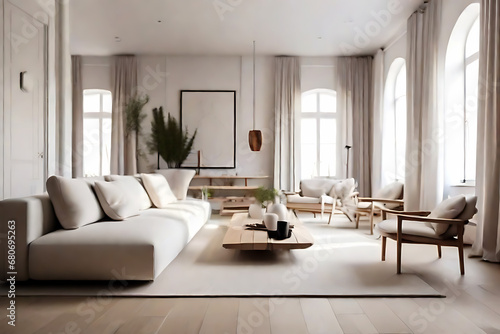 Modern living room interior design in a minimalist Scandinavian style. Generative AI