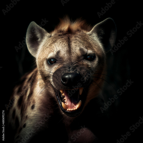 Portrait of an African hyena with its head and slightly African hyena. Realistic. dramatic lighting, the grin of a wild animal. © LUKIN IGOR 