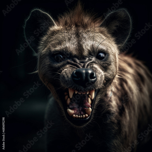 Portrait of an African hyena with its head and slightly African hyena. Realistic. dramatic lighting, the grin of a wild animal.