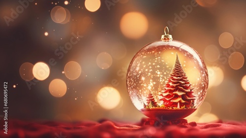 Christmas background, transparent Christmas bauble with Christmas tree photo