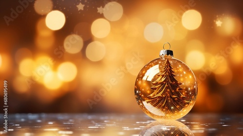 Golden Christmas background, Christmas tree, bokeh effect, holiday season