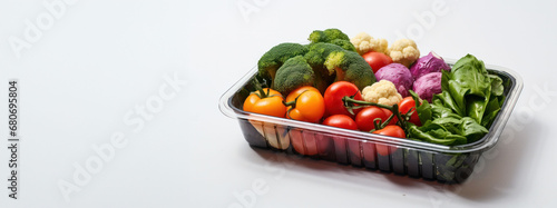 A transparent box filled with fresh salad ingredients, packed with vitamins for a healthy diet. Space for banner text emphasizes the nutritional value.