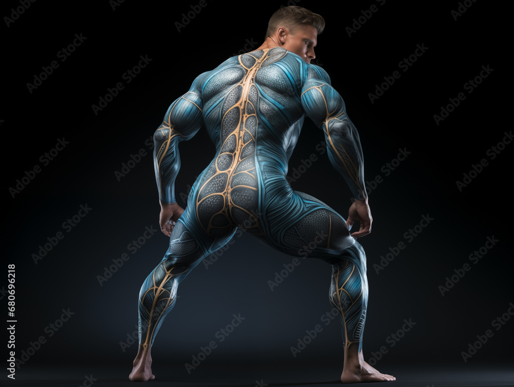 Young caucasian athletic man with blue futuristic abstract tattoo, on a dark background