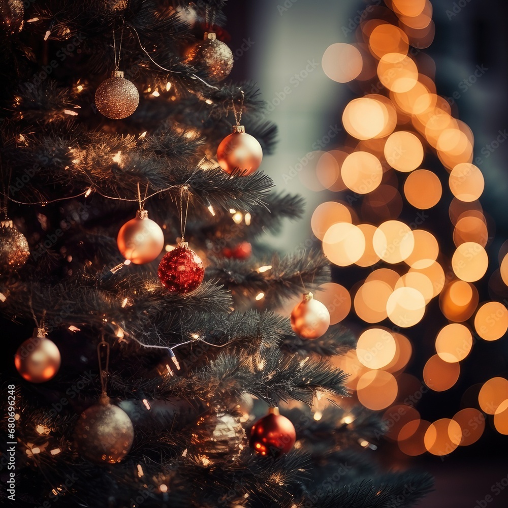 Festive Radiance: Close-Up of Christmas Tree Lights in Bokeh Brilliance, generative AI