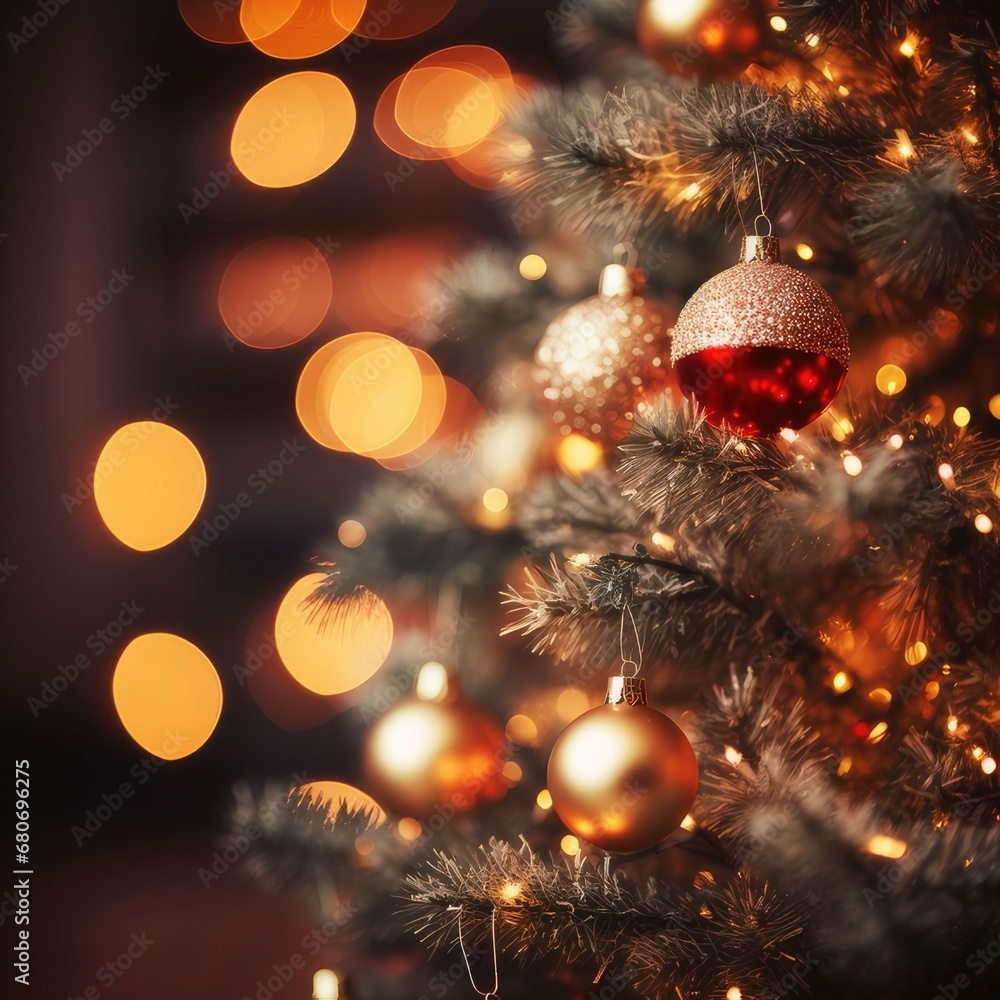 Festive Radiance: Close-Up of Christmas Tree Lights in Bokeh Brilliance, generative AI