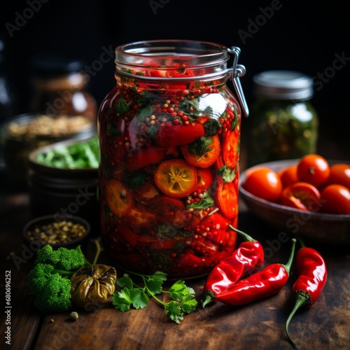 Canned yellow and red tomatoes in a jar and on a plate with spices on the table on a dark background, stocking up for the winter, canned vegetables