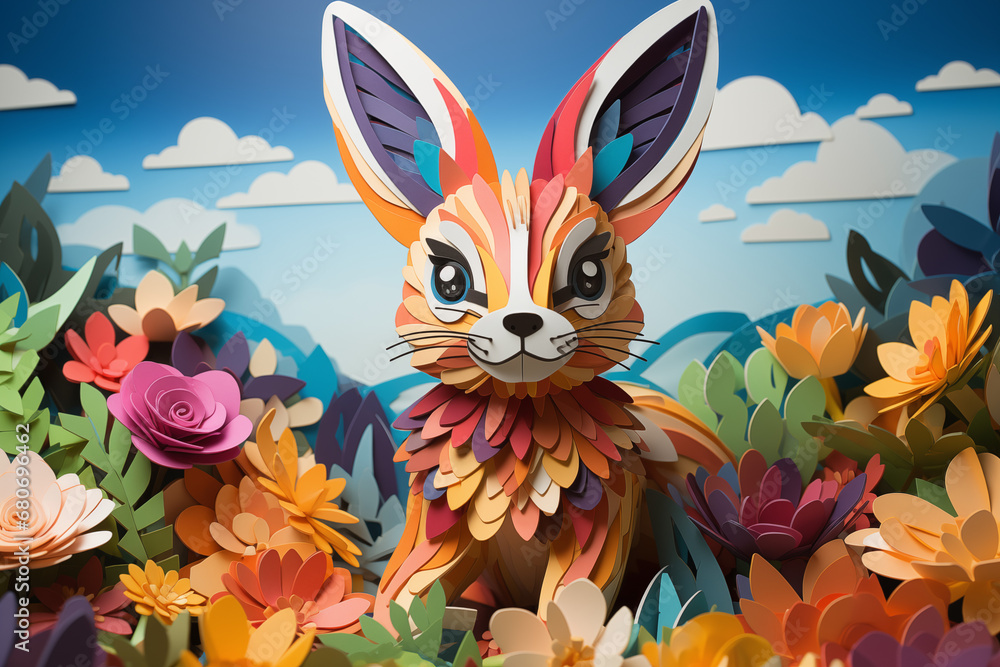 Small papercut rainbow toy rabbit on a summer day against the backdrop ...