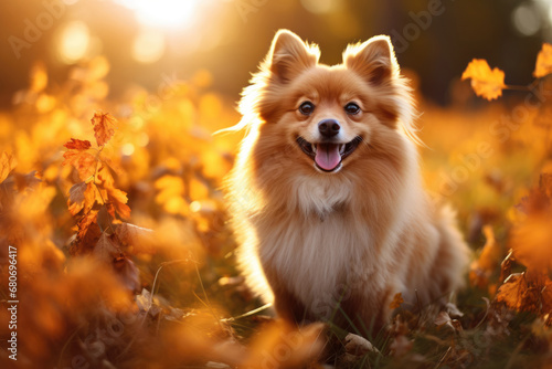 Happy pomeranian dog on an autumn meadow with his tongue out. Autumn fall foliage.