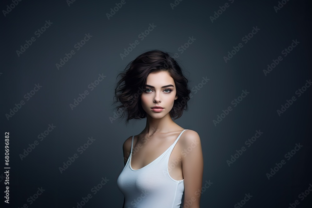 Fototapeta premium Beautiful young woman, in style of minimalism, ultra-realistic photo. Generative AI Technology.