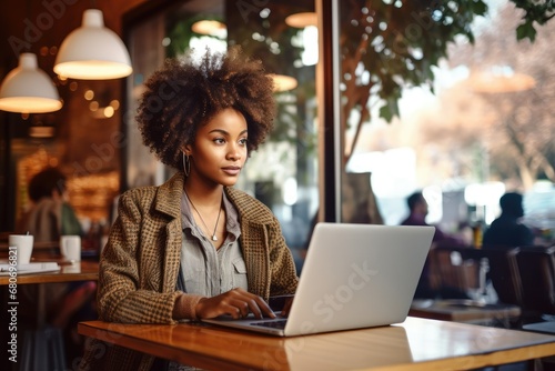 A young, handsome, focused woman is working at a laptop in a summer cafe looking at the monitor screen. Generative AI Technology.