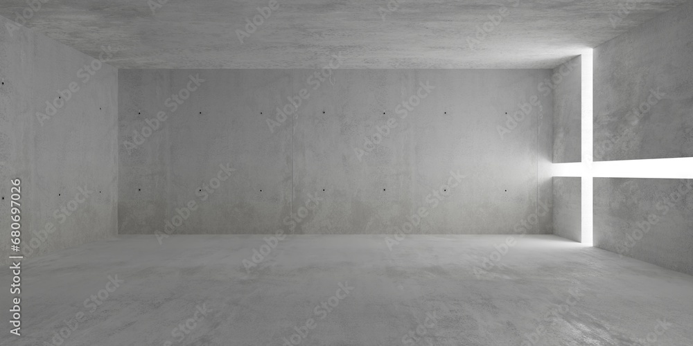 Abstract empty, modern concrete room with cross shaped light stripes in the right wall and rough floor - industrial interior background template - obrazy, fototapety, plakaty 