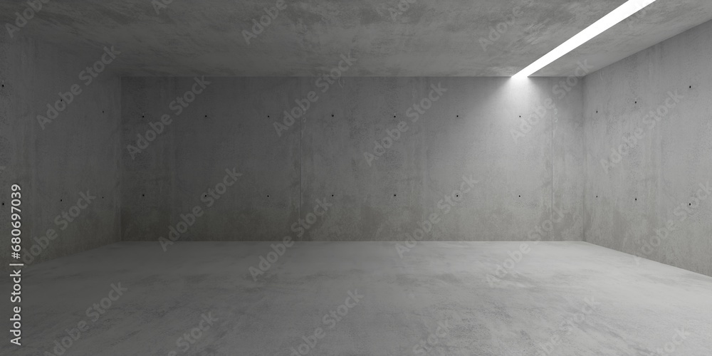 Abstract empty, modern concrete room with vertical light stripe in the ceiling and rough floor - industrial interior background template - obrazy, fototapety, plakaty 
