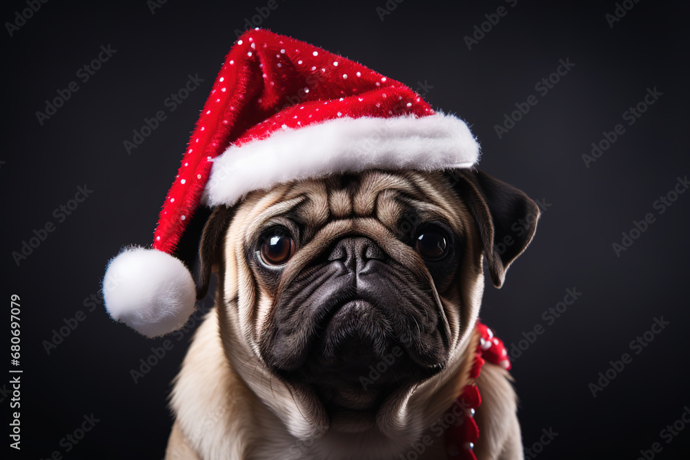 pug dog in a christmas cap, generative ai pug dog in a christmas cap, generative ai