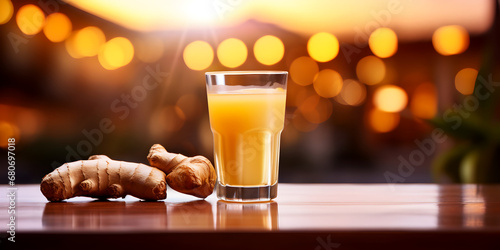Close up of ginger shot drink with lemon in a glass on wooden table, blurred background photo