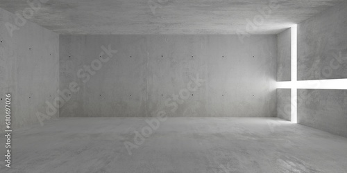 Abstract empty, modern concrete room with cross shaped light stripes in the right wall and rough floor - industrial interior background template