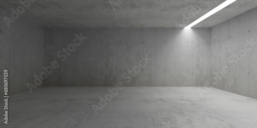 Abstract empty, modern concrete room with vertical light stripe in the ceiling and rough floor - industrial interior background template