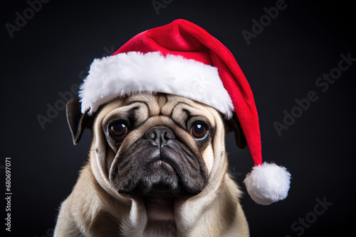 pug dog in a christmas cap, generative ai  © vvalentine