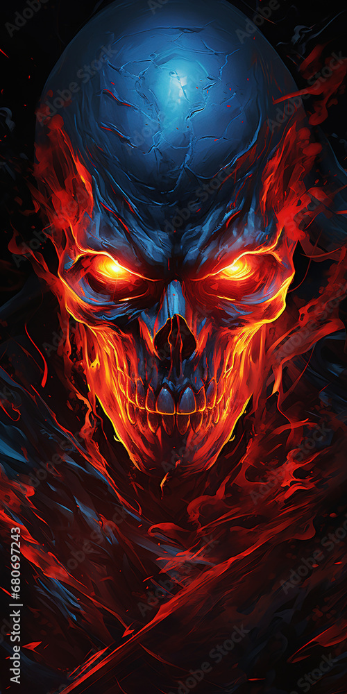 Fototapeta premium red skull with orange flames, generative ai