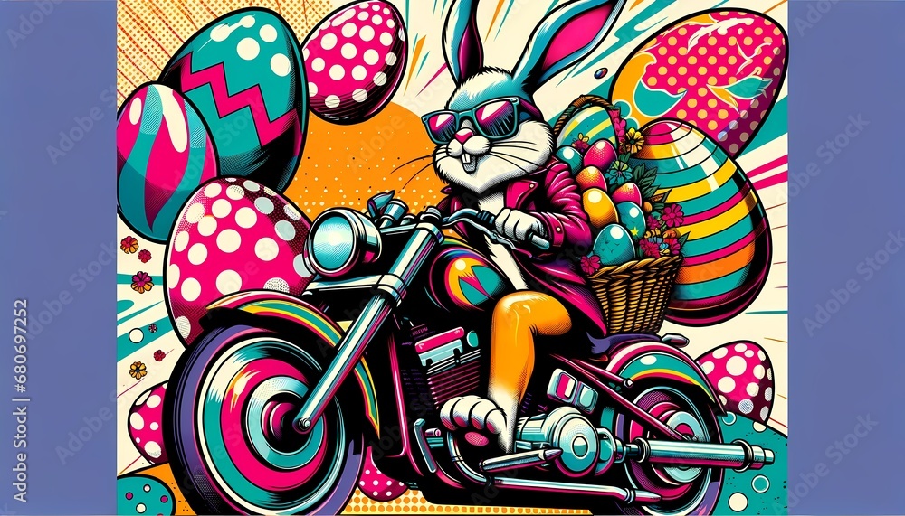 Easter Rabbit Revving Through a Colorful Abstract Canvas, delivering Easter Eggs, vibrant expressionist background, Happy Easter Card, Easter egg hunt tradition, holiday