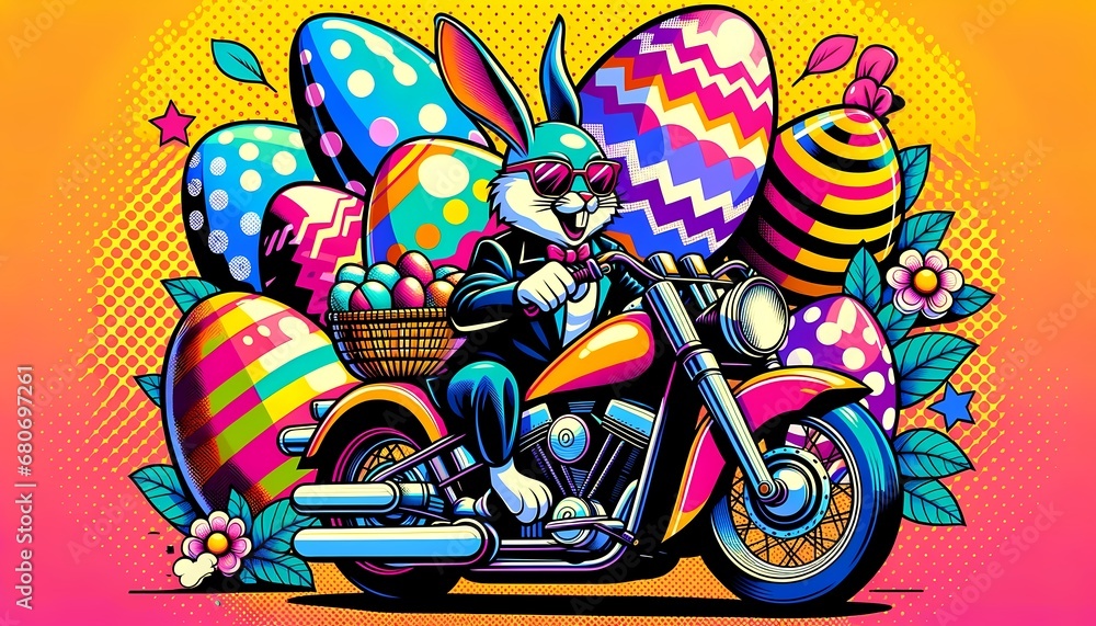 Easter Rabbit Revving Through a Colorful Abstract Canvas, delivering Easter Eggs, vibrant expressionist background, Happy Easter Card, Easter egg hunt tradition, holiday Easter Rabbit Revving Through a Colorful Abstract Canvas, delivering Easter Eggs, vibrant expressionist background, Happy Easter Card, Easter egg hunt tradition, holiday