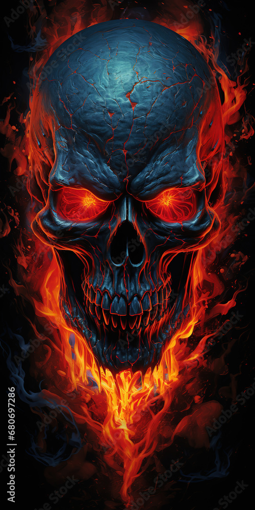 red skull with orange flames, generative ai  - obrazy, fototapety, plakaty 